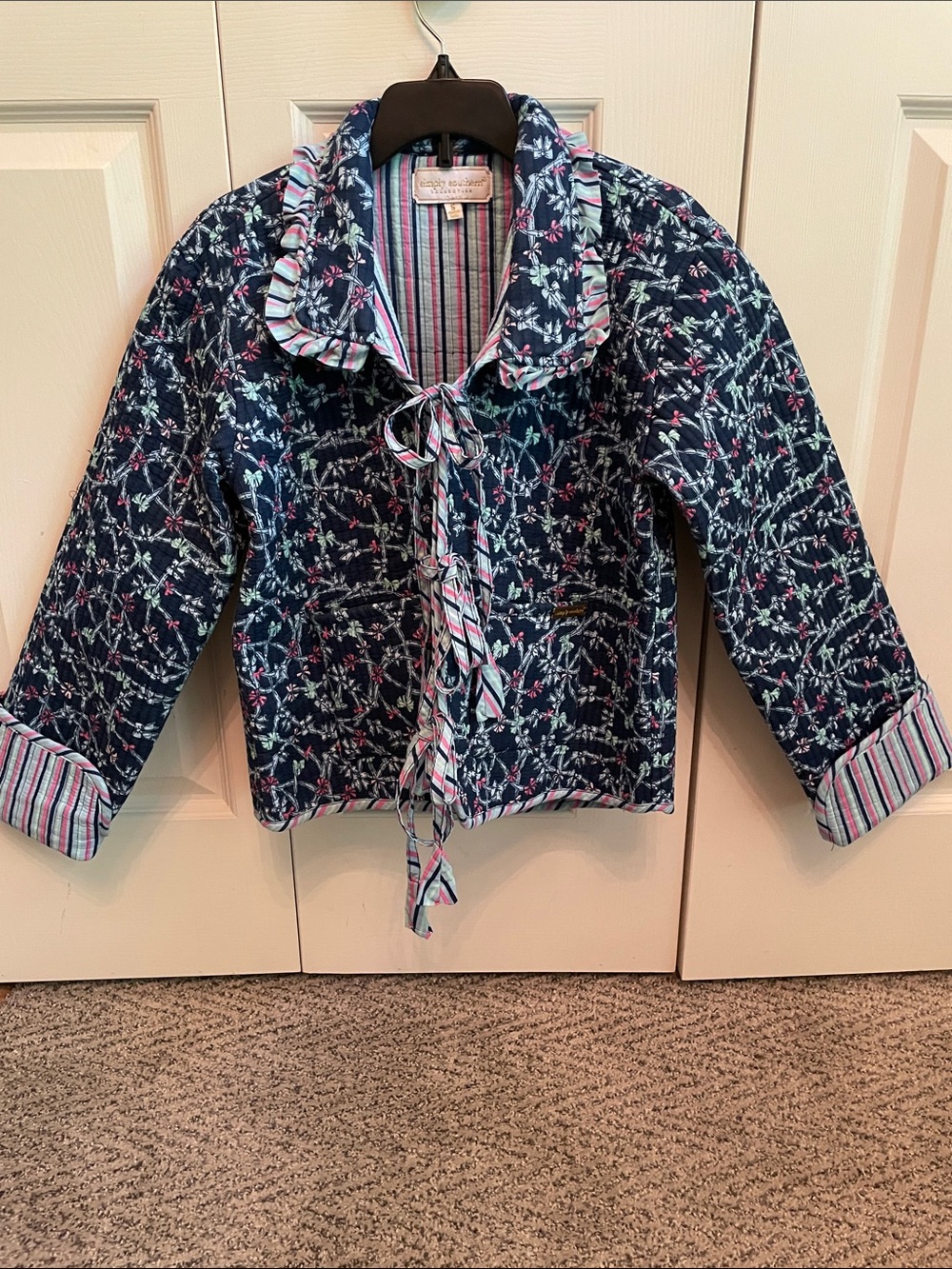 Simply Southern Navy Quilted Floral Jacket with Pink and White Trim